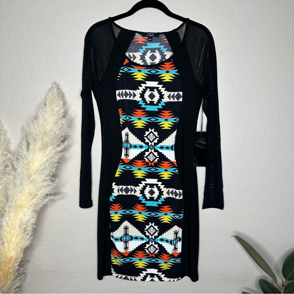 Iris Basic Aztec Print Dress, Sheer Mesh Long Sleeve, size large - Picture 1 of 10
